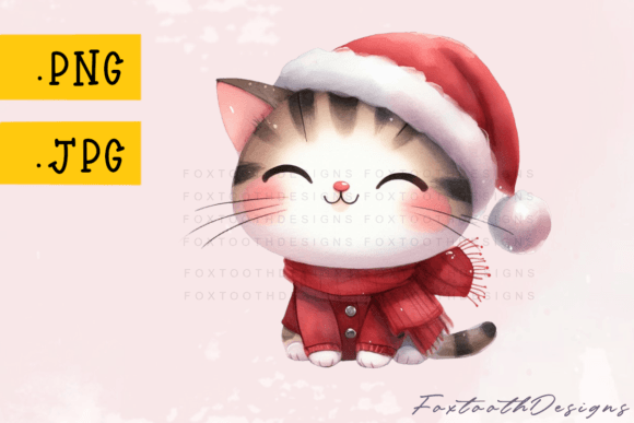 Adorable Watercolor Cat with Santa Hat & Scarf for Festive Designs